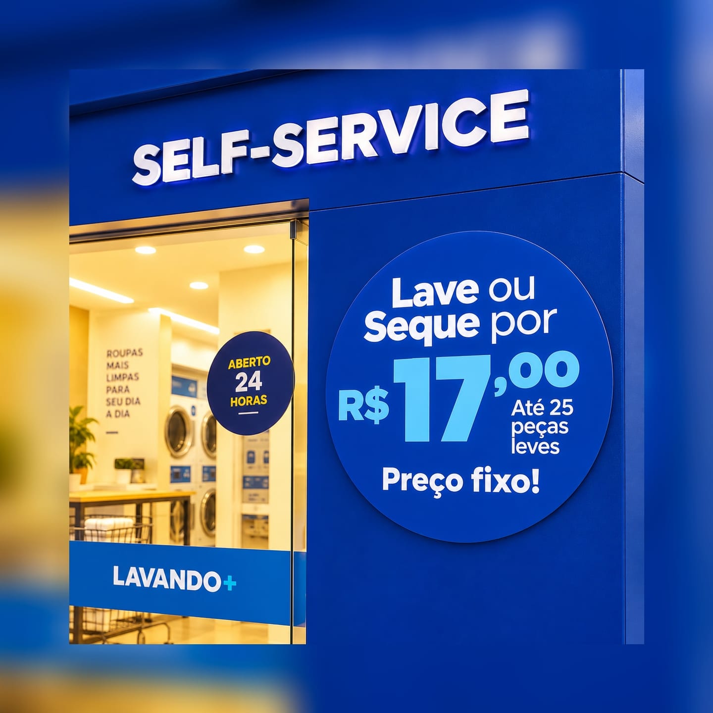 Selo circular na fachada com os dizeres lave ou seque por R$ 17,00, até 25 peças leves, preço fixo, ao lado da porta de vidro e do selo de aberto 24 horas